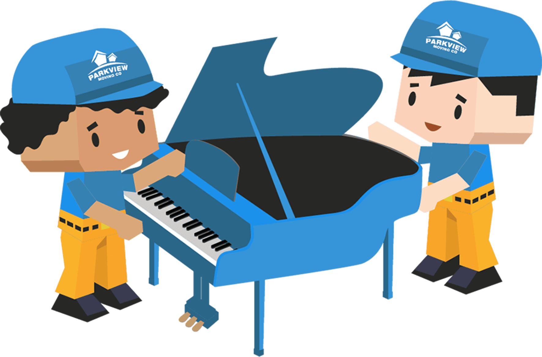 Two piano movers moving a blue piano.