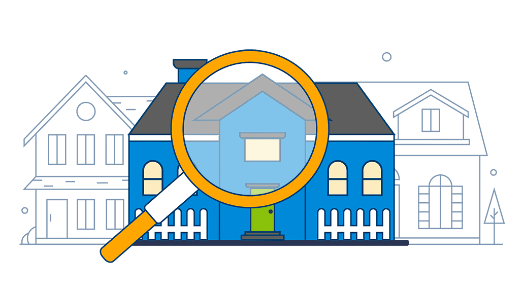 A house with a magnifying glass over it, encouraging you to research the new area you're moving to.