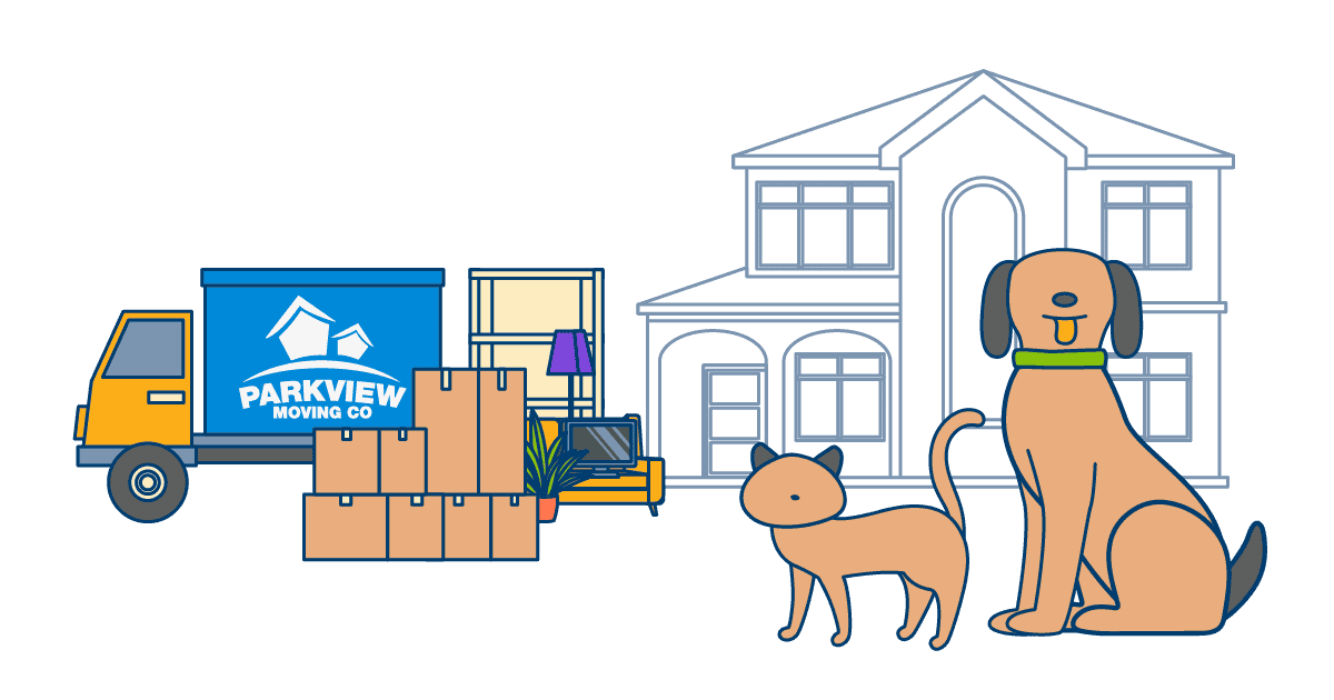 A moving truck, boxes, furniture, a lamp, and a cat and dog outside a house, perfectly capturing the essence of moving with pets.