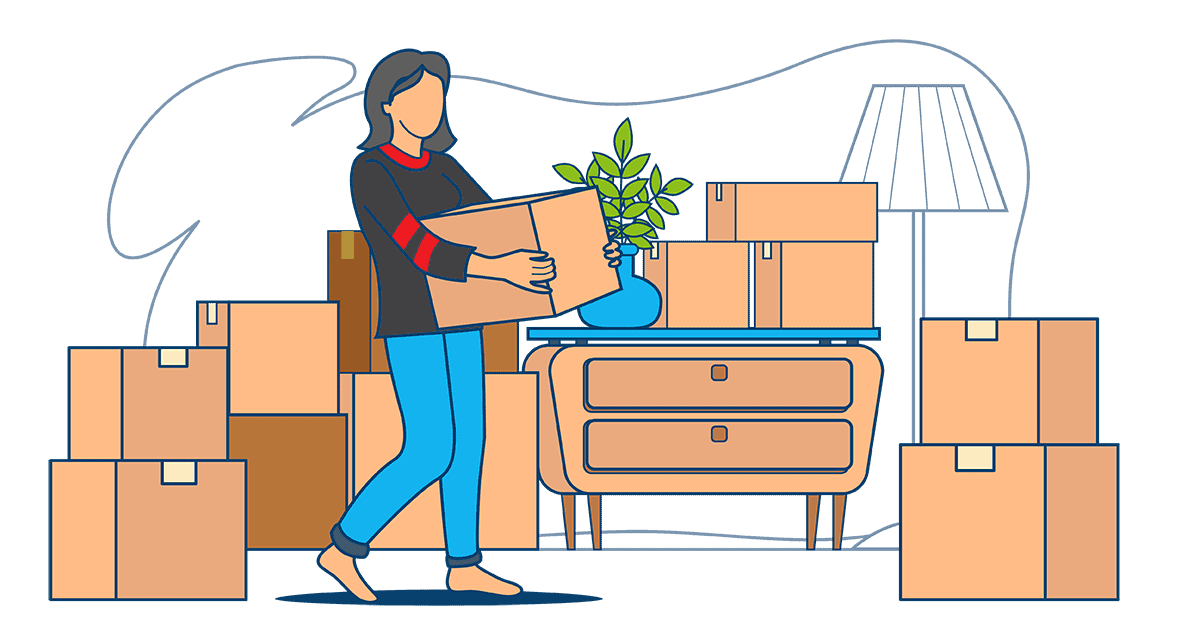 A person is moving out for the first time, carrying a cardboard box in a room filled with packed boxes.