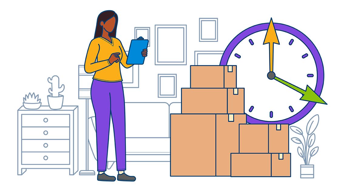 A person holding a clipboard stands next to several stacked cardboard boxes and a large clock, overseeing the downsizing process.