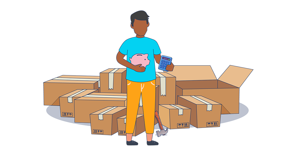 Person holding piggy bank and calculator with moving boxes, symbolizing affordable moving tips.