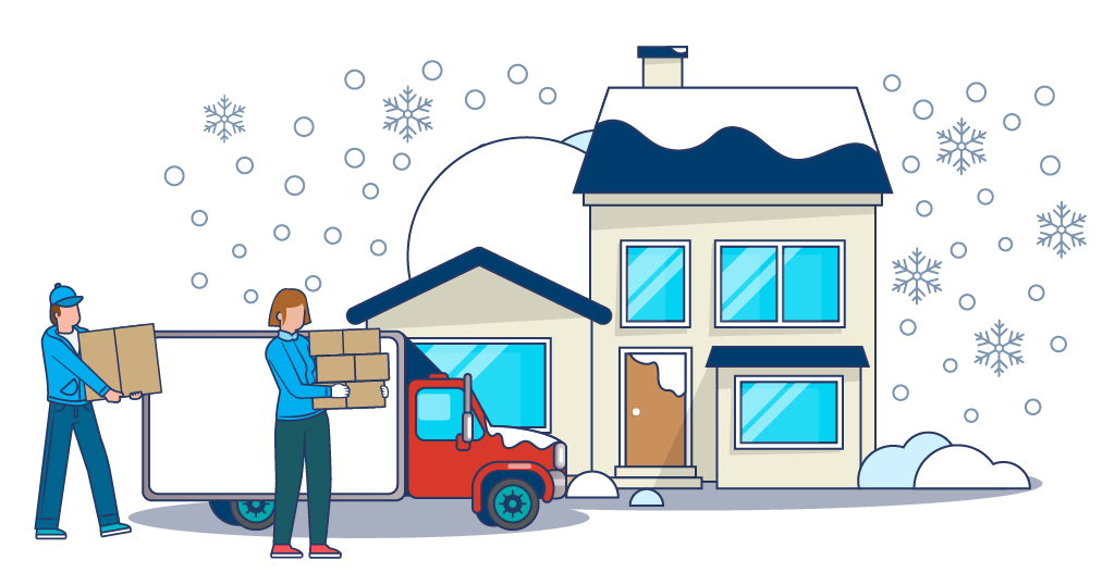 Two people unloading boxes from a moving truck in front of a snow-covered house, illustrating winter moving tips.