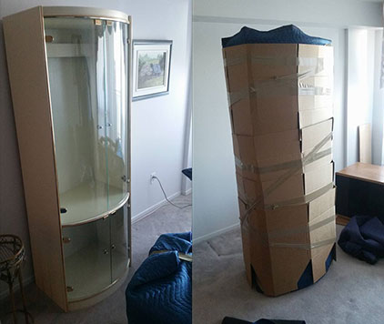 Before and after of a glass display cabinet wrapped in protective cardboard and tape for safe moving with Parkview Moving.