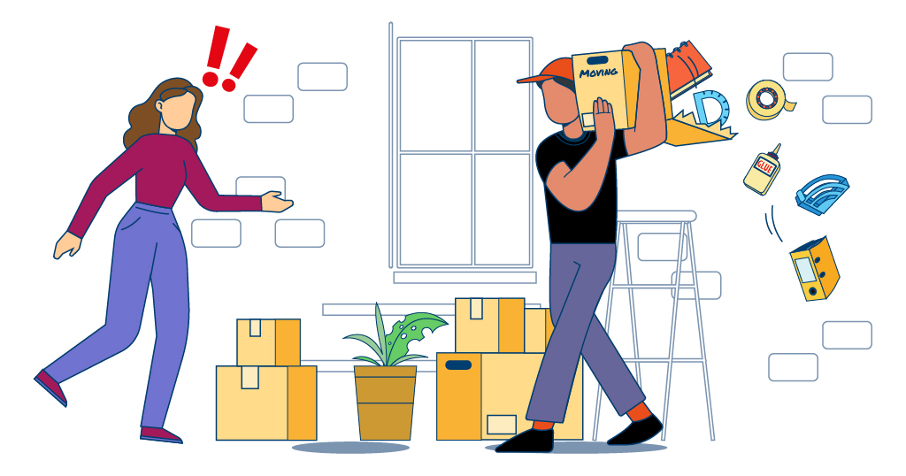 A person carrying an overflowing moving box with items falling out, highlighting packing mistakes to avoid during your move.