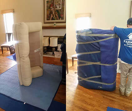 Before and after of a leather sofa carefully wrapped and prepared for a move by Parkview Moving.