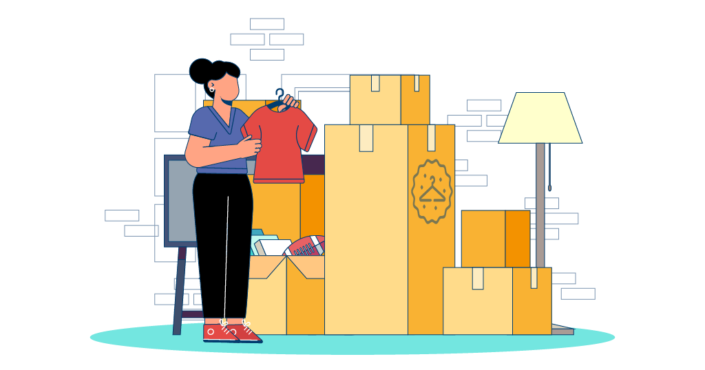 Labeled moving boxes showing what to pack in small, medium, large, and extra-large box sizes.