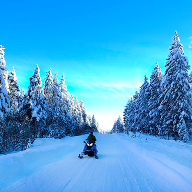 Snowmobiler on a snowy path through trees under a blue sky, symbolizing Gatineau movers navigating winter routes.