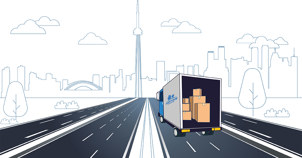 Moving truck driving to Toronto city