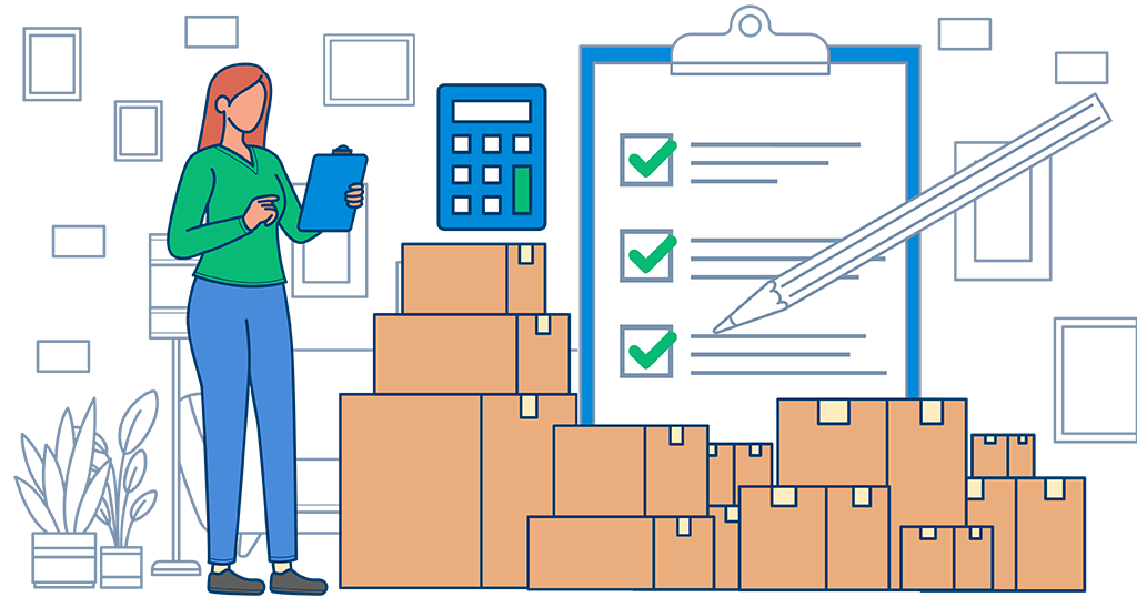 Woman planning moving budget tips with clipboard, calculator, and moving boxes.