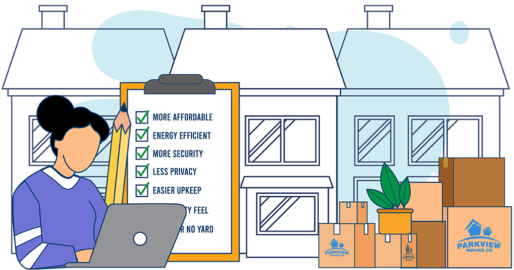 Row of townhomes with a checklist highlighting pros and cons of moving into a townhouse.