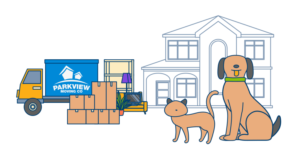 A house with a moving truck, boxes, and furniture outside, accompanied by a cat and a dog.