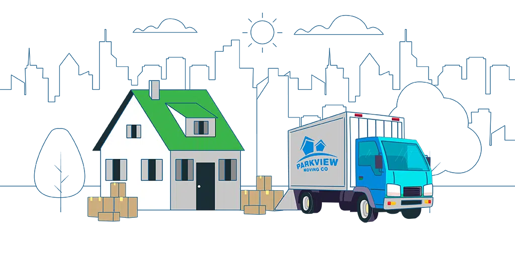 Moving truck parked beside a tiny house and stacked moving boxes, illustrating creative storage hacks for small homes.