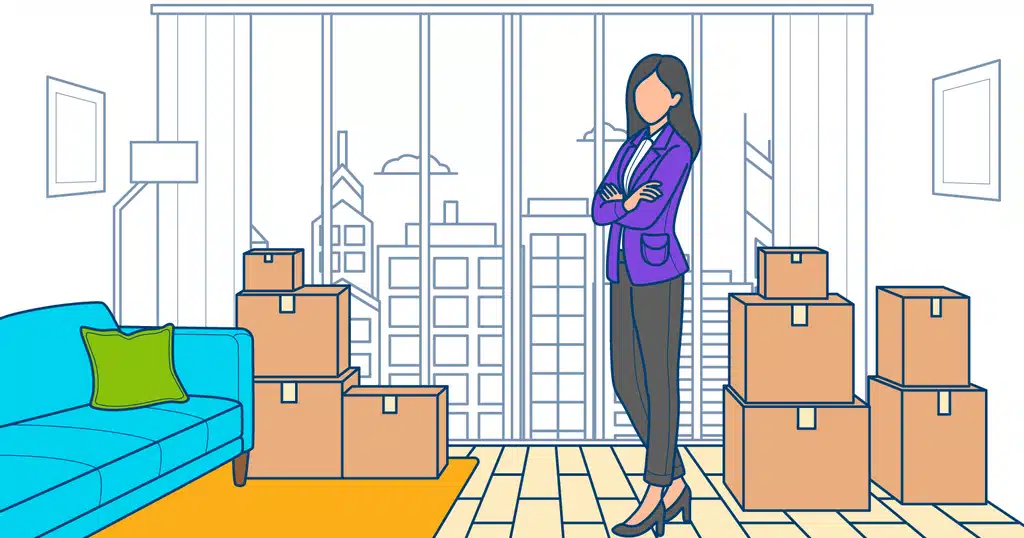 A woman stands in her new condo, excited about her fresh start amidst the moving boxes.
