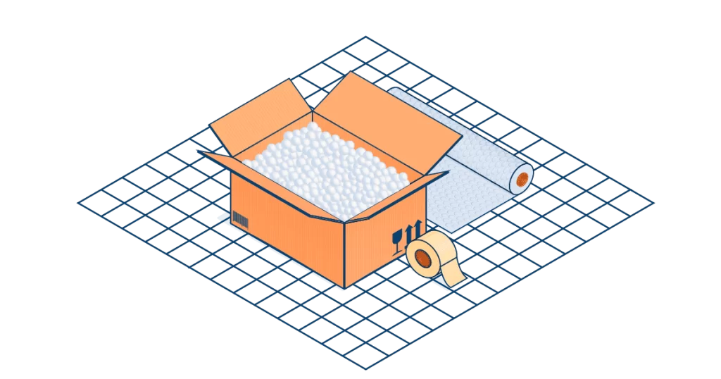 Bubble wrap, packing paper, packing tape, and a sturdy box.