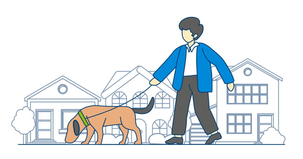 A person walks a dog on a leash in front of houses, gradually introducing the dog to its new home in Ottawa.