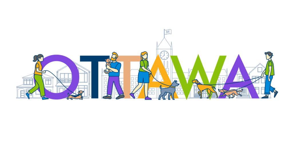 People with their pets gathered around a colorful Ottawa sign.