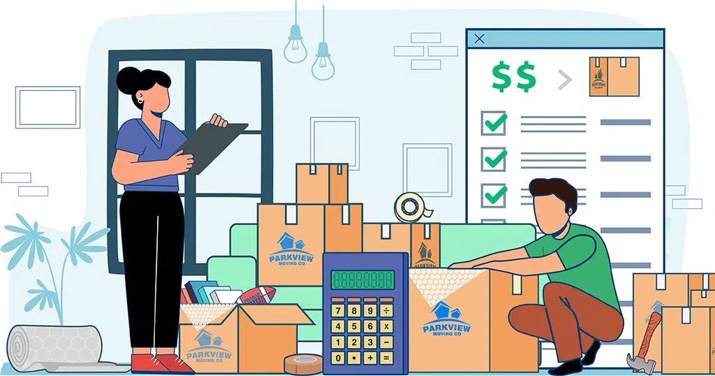 Couple surrounded by moving boxes and packing materials while budgeting for moving costs in Canada