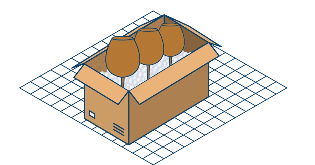 A cardboard box with wine glasses in it.