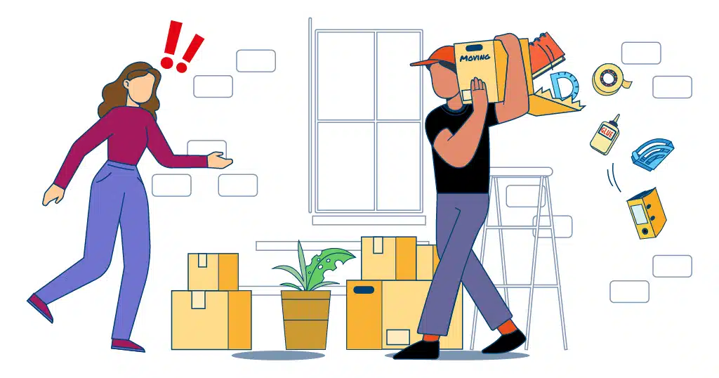 A person carrying an overflowing moving box with items falling out, highlighting packing mistakes to avoid during your move.