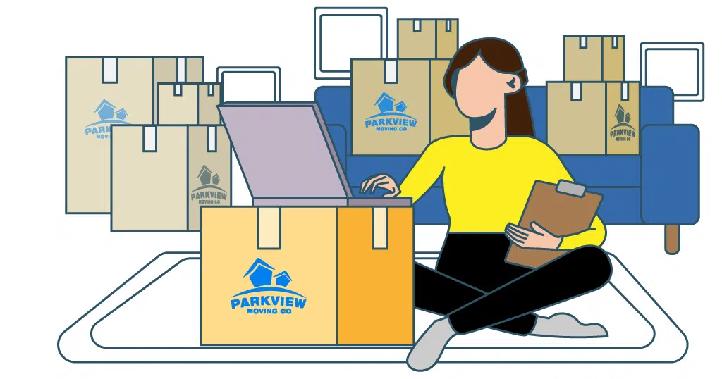 Creating a packing and shopping checklist on a laptop to prepare for a smooth move into a new home.
