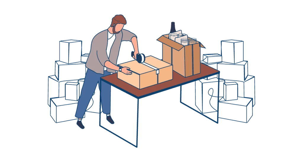 A man is packing his glasses for his move.