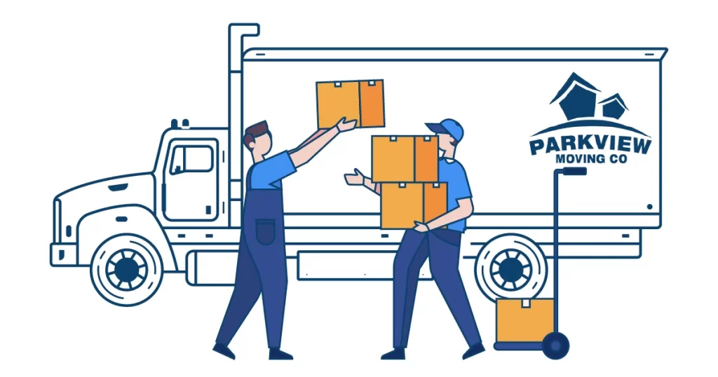 Two professional movers loading boxes into a moving truck.