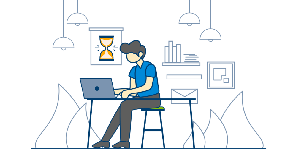 A person starts their move preparations early, working diligently at a desk with a laptop.