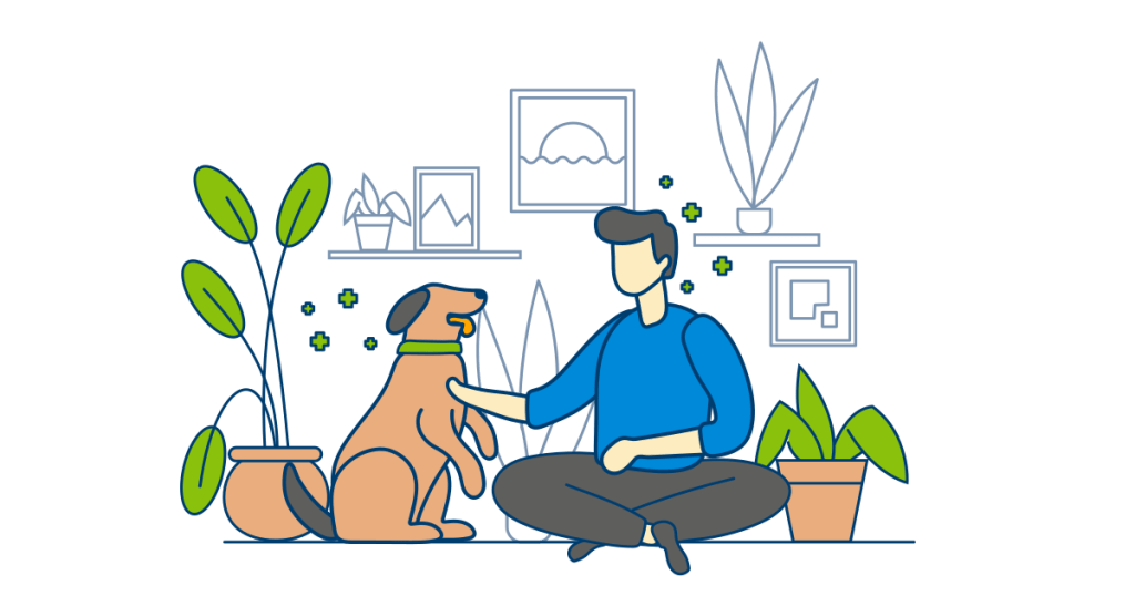 A peaceful moment as a person sits cross-legged, petting their dog amidst potted plants and framed pictures.