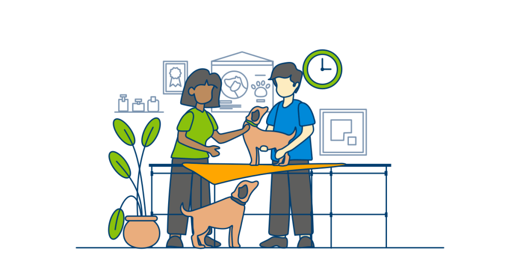 A veterinarian carefully examines a dog while its owner looks on.