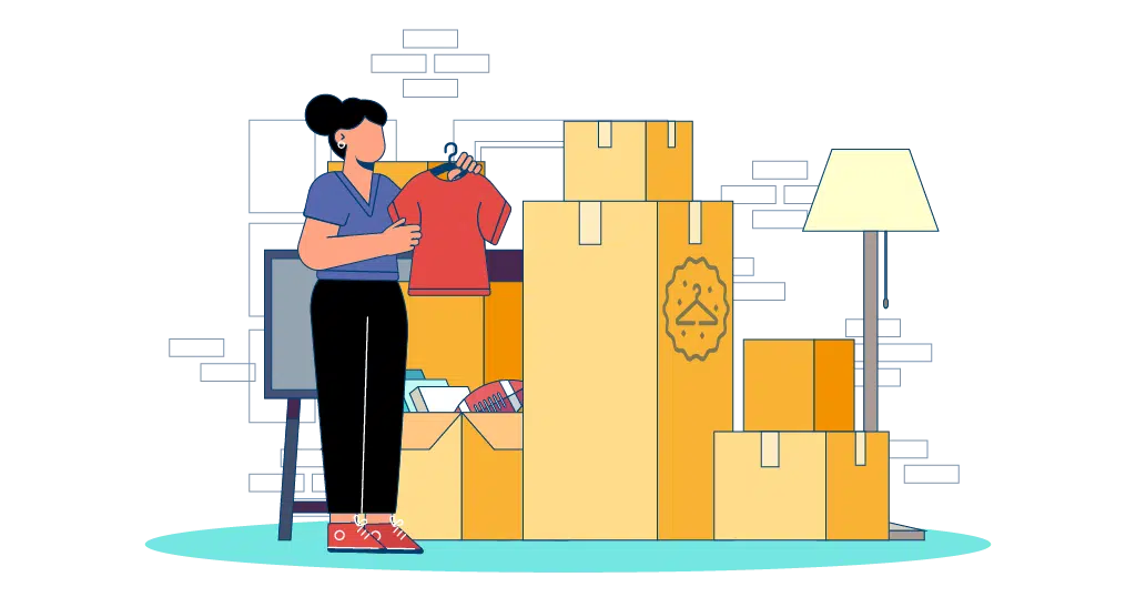 Labeled moving boxes showing what to pack in small, medium, large, and extra-large box sizes.
