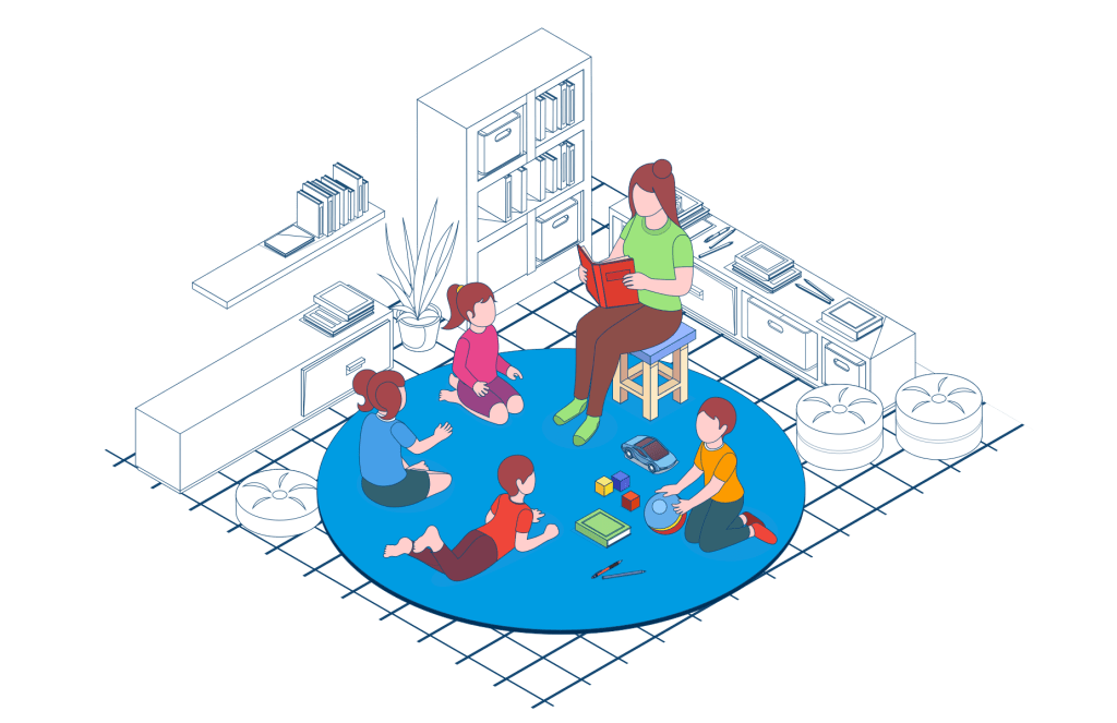 A woman reads to children sitting on the floor in a colourful, modern childcare setting with books, toys and bean bags around.