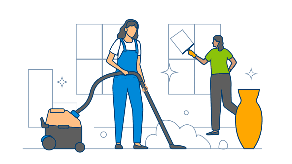 A couple diligently cleans their old property using a vacuum cleaner and squeegee, ensuring it’s spotless before they leave.
