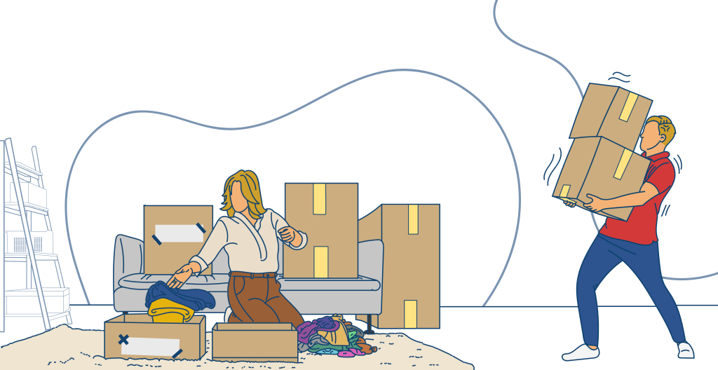 A couple carefully packs boxes, paying attention to evenly distribute the weight, ensuring a smooth and balanced move.
