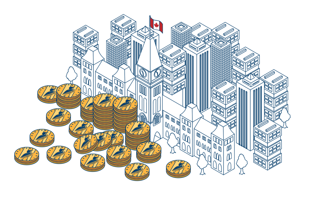 Scattered Canadian loonies mingle with the Ottawa cityscape, including the Parliament buildings and a proudly waving Canadian flag.