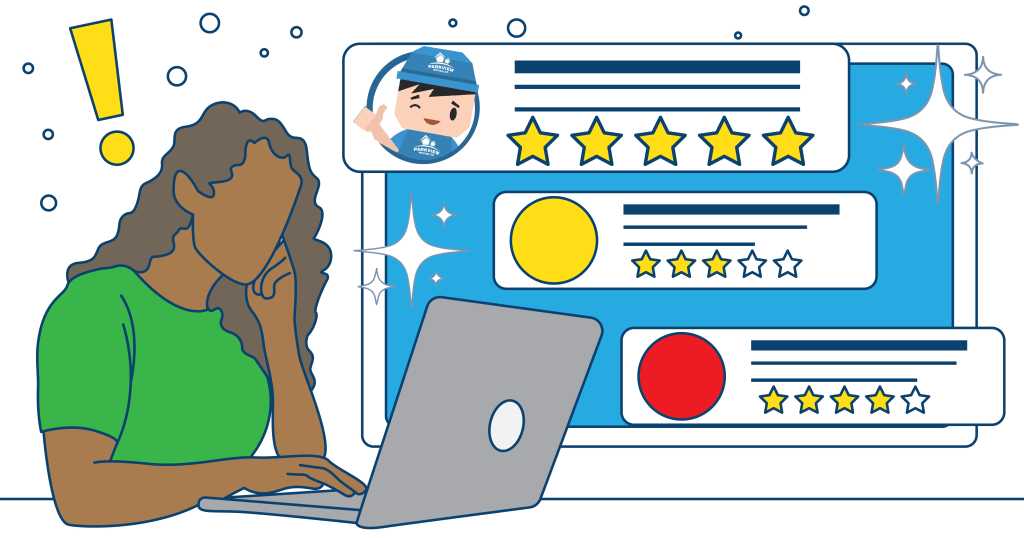 A woman carefully reads online reviews on her laptop, diligently searching for the right mover for her upcoming relocation.
