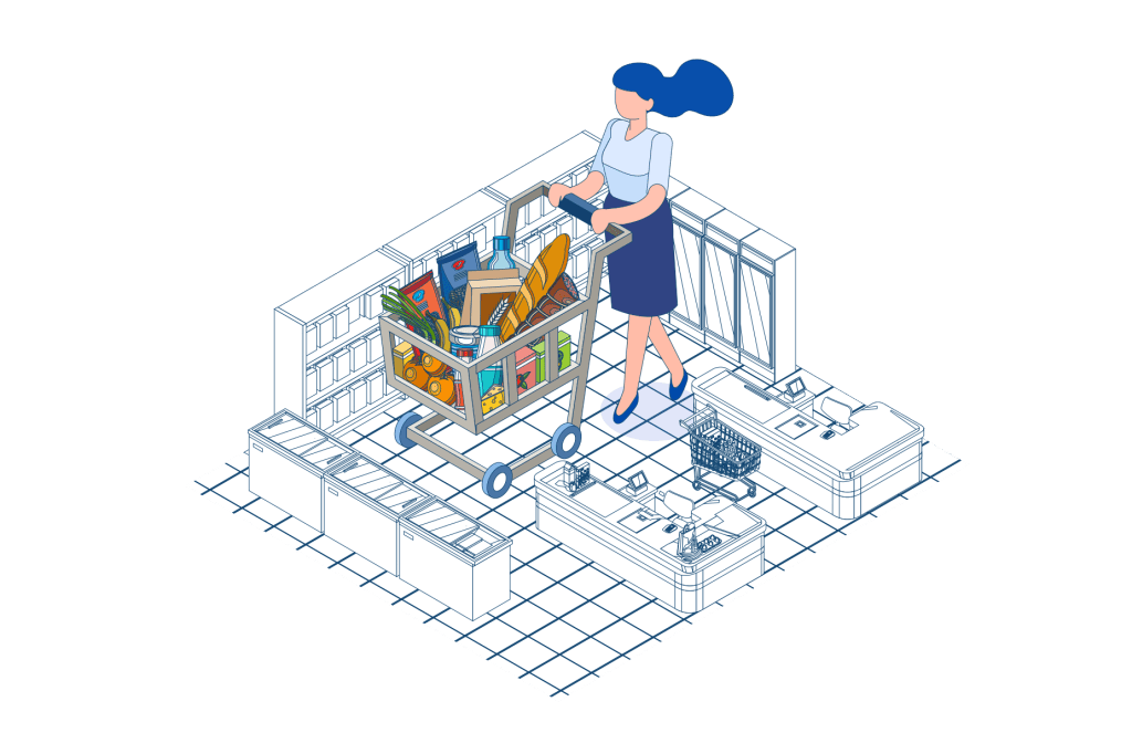 A woman is pushing a full shopping cart filled with food and groceries at the local supermarket.