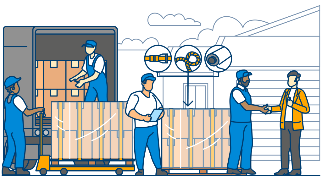 Professional movers are packing and securing boxes.