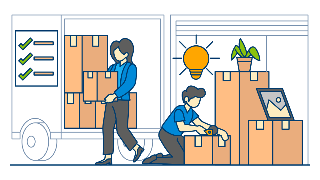 A happy couple is taping moving boxes during their move.