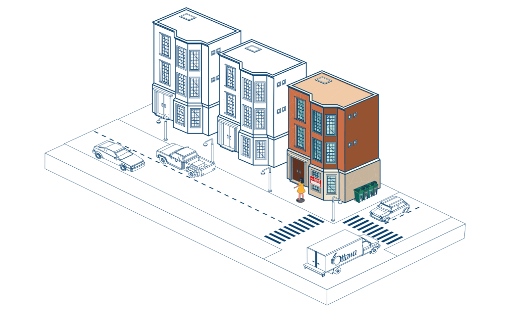 Urban scene in Ottawa with buildings, vehicles, and a pedestrian crossing