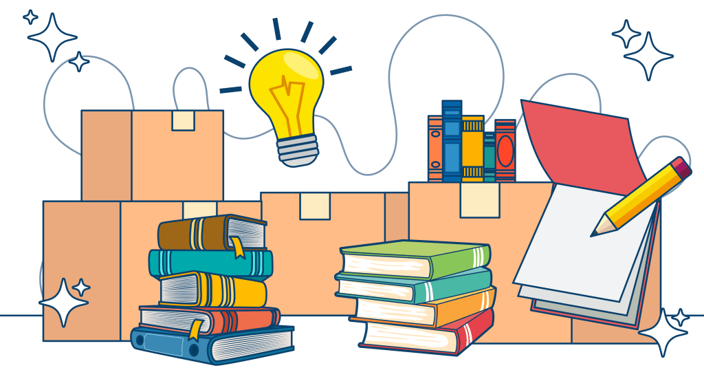 A cluttered room with stacks of books and moving boxes prepared for packing, signaling an impending relocation.
