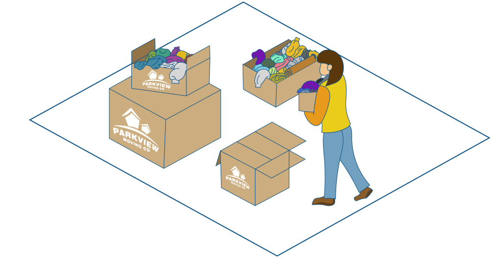 A person meticulously sorts clothes into labeled cardboard boxes, showcasing effective packing techniques for a move.
