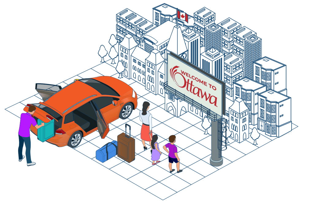 A family is unpacking their car in front of an Ottawa welcome sign.
