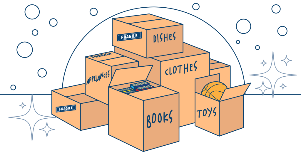 Moving boxes are neatly labeled for different items such as books, dishes, clothing, appliances, toys, and fragile items, ready for relocation.
