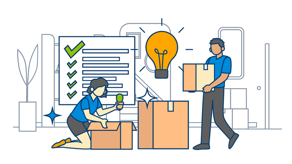 A couple relocates boxes in their home, illuminated by a symbolic light bulb in the background, as they gather tips for their cross-country move.
