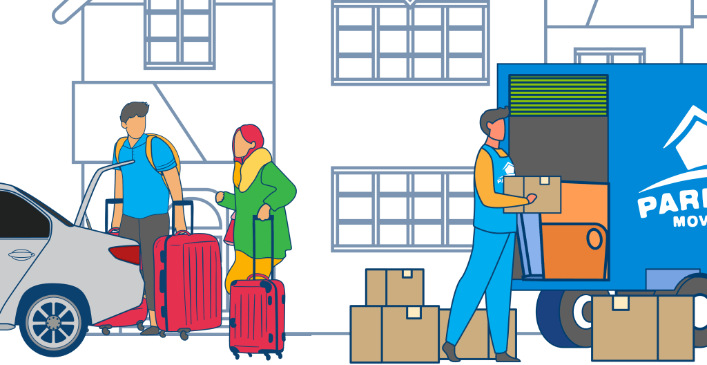 A couple stands beside their car with suitcases, interacting with movers as they load the moving truck, ensuring a smooth relocation process.
