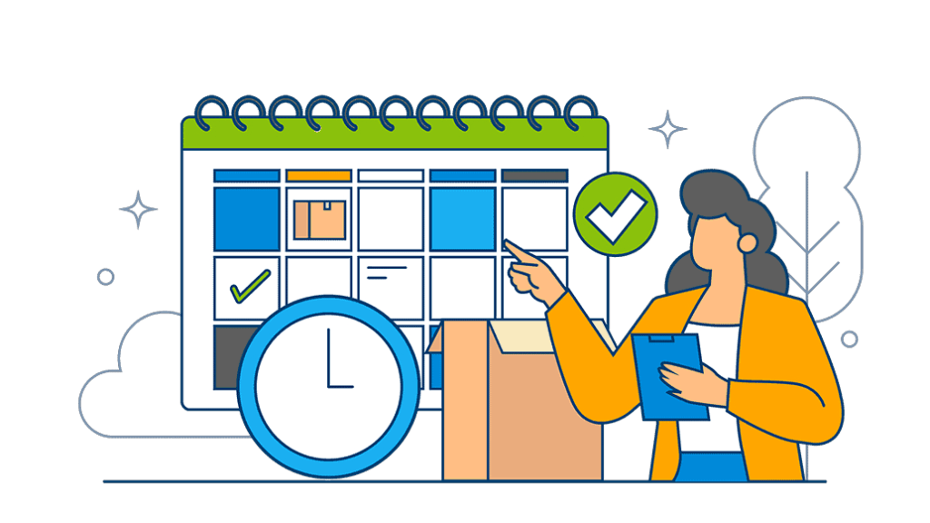 A woman gestures towards a clock on a calendar, emphasizing the importance of time management and scheduling in her planning.
