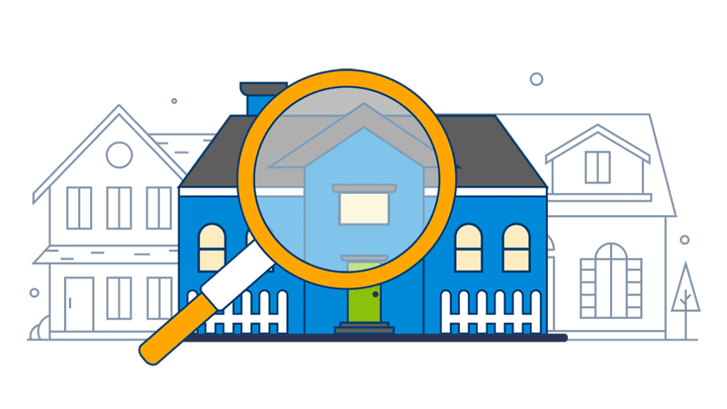 A house under scrutiny by a magnifying glass, symbolizing the importance of researching your new neighborhood before moving.
