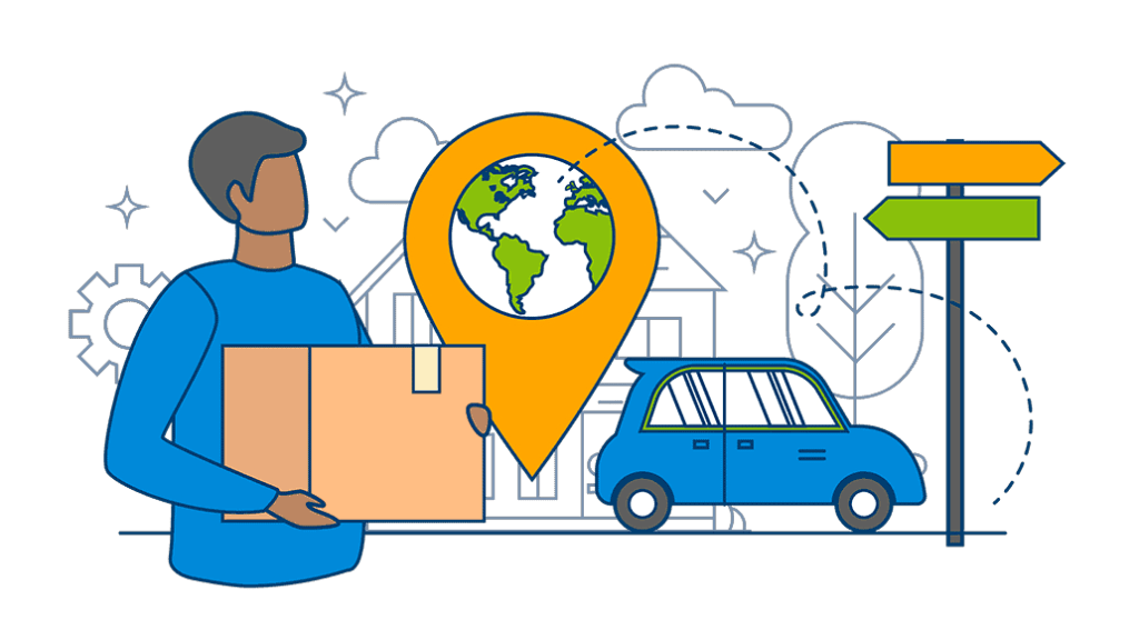 A man stands next to his car, holding a moving box and a map, fully prepared for his relocation journey.
