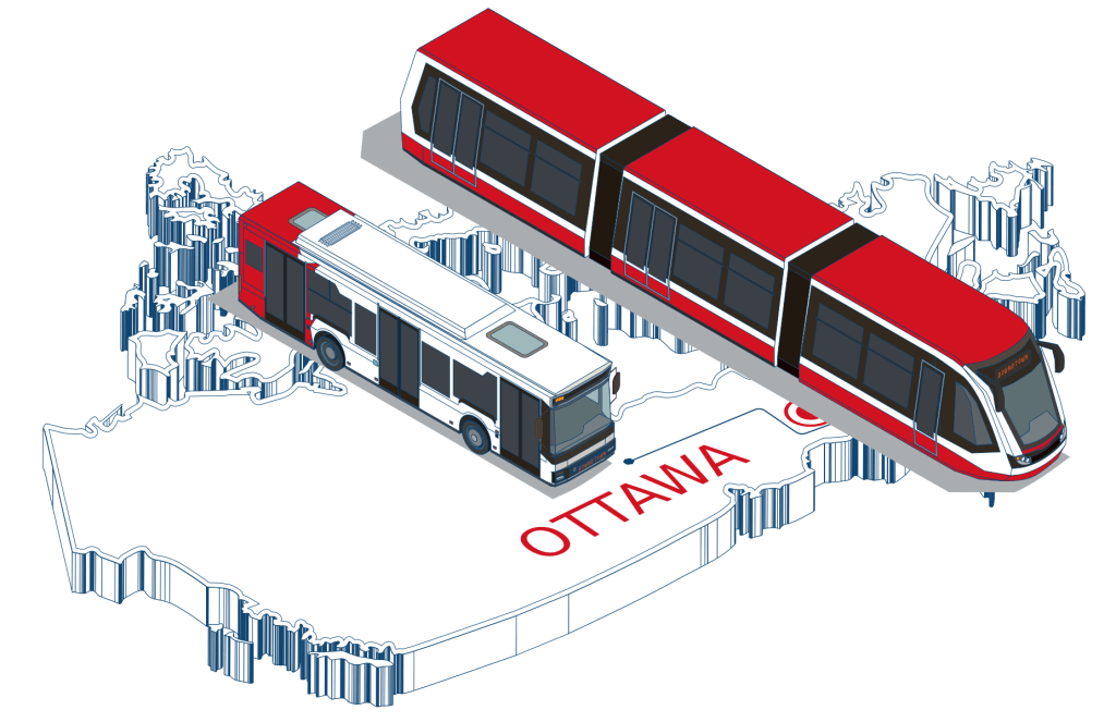 Public transportation features Ottawa's public transportation with the word Ottawa prominently displayed on a map of Canada.